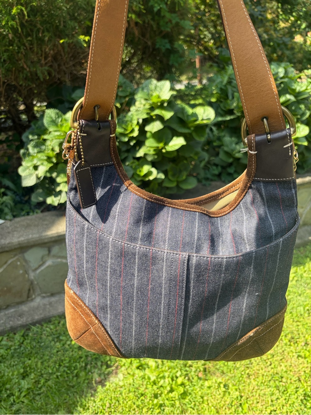 Rare Y2K Vintage Coach Denim Pinstripe Suede Shoulder/Crossbody Bag - Picture 9 of 17
